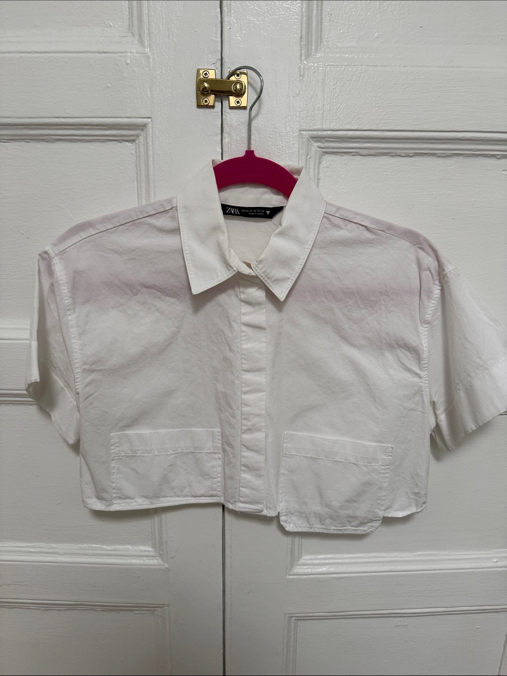 Zara White Cropped Button-Front Shirt with Patch Pockets